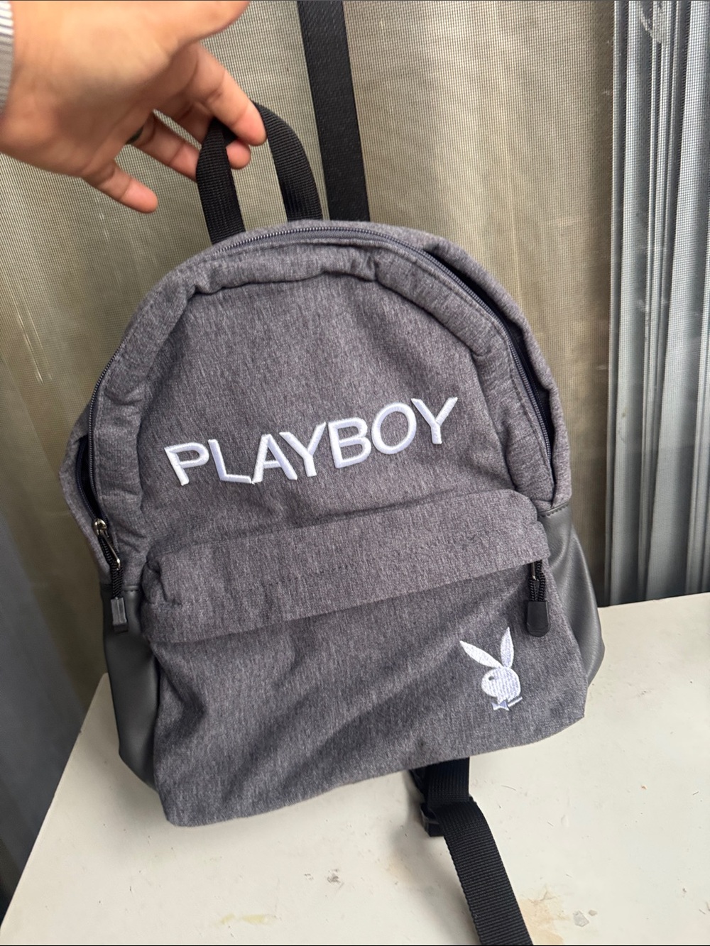 PLAYBOY Gray Logo Men's Backpack with Bunny Patch